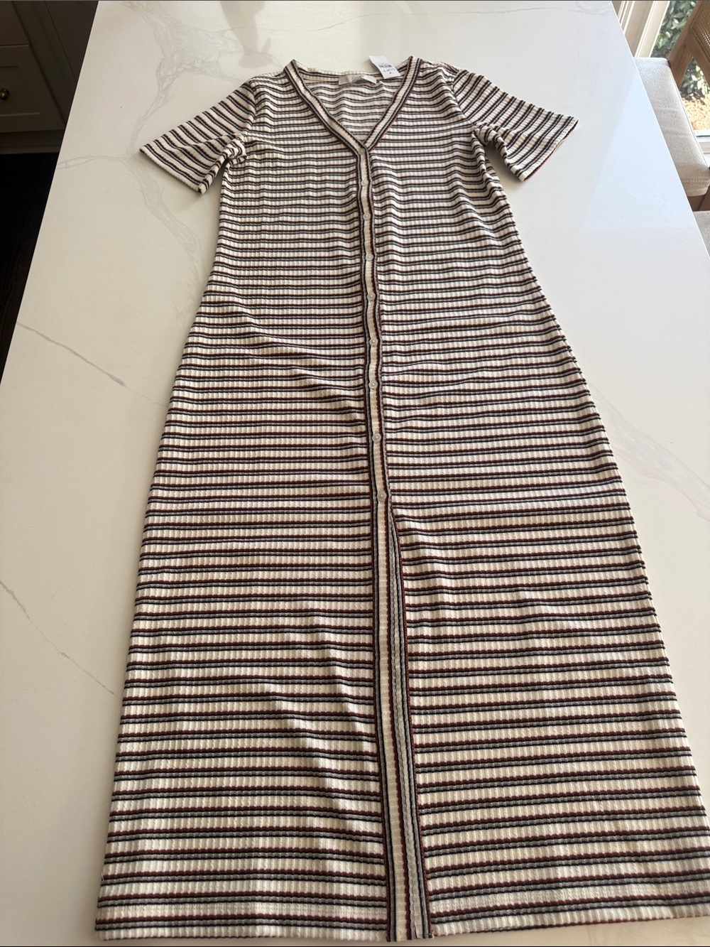 LOFT Striped V-Neck Maxi Dress in Cream, Brown and Black